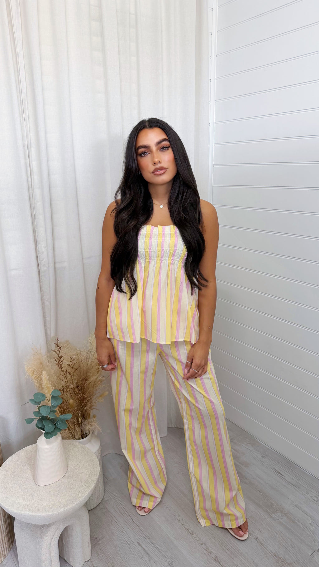 Pastel Stripe Shirred Top and Trousers Co-Ord - LEMON