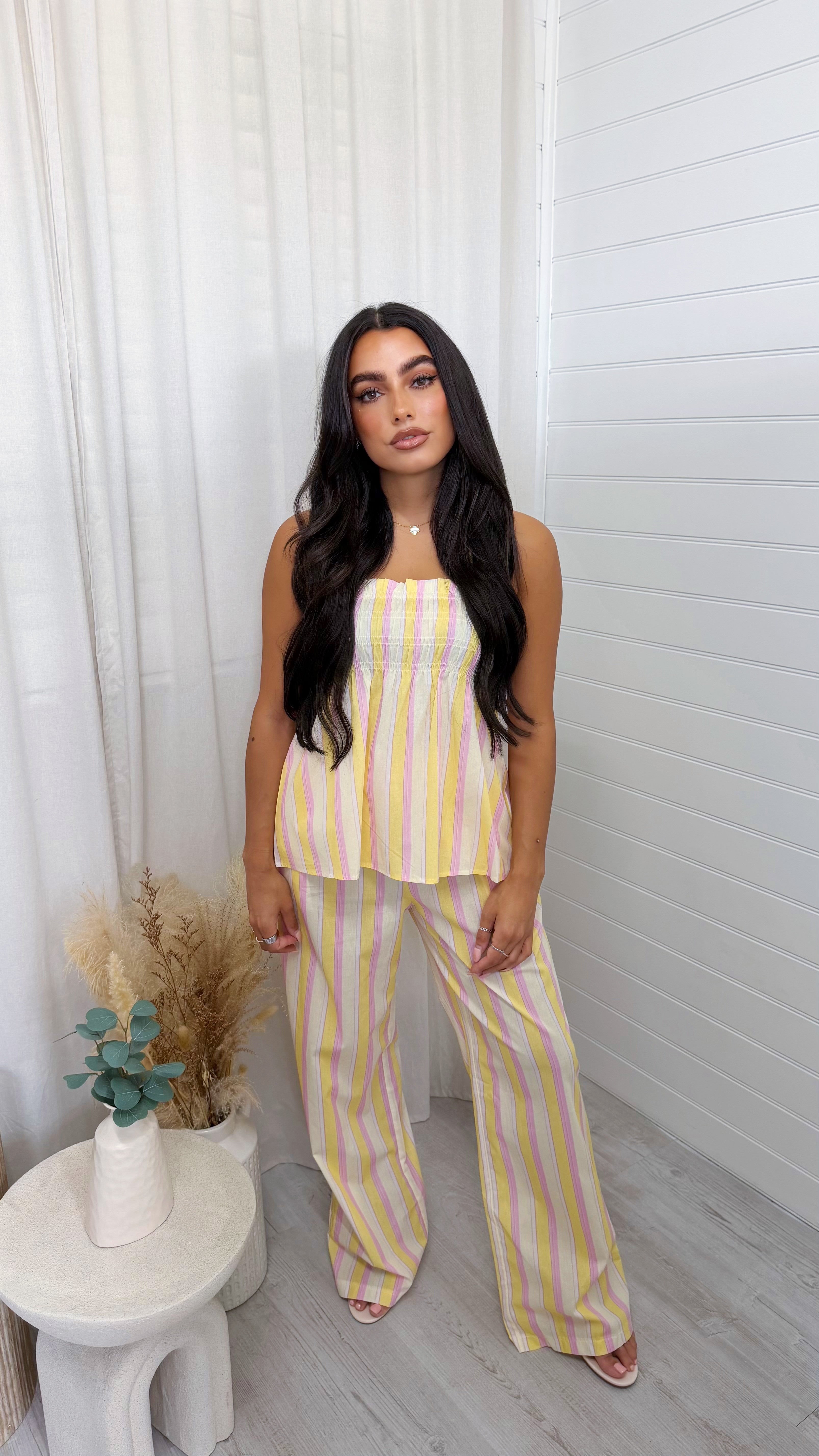 Pastel Stripe Shirred Top and Trousers Co-Ord - LEMON