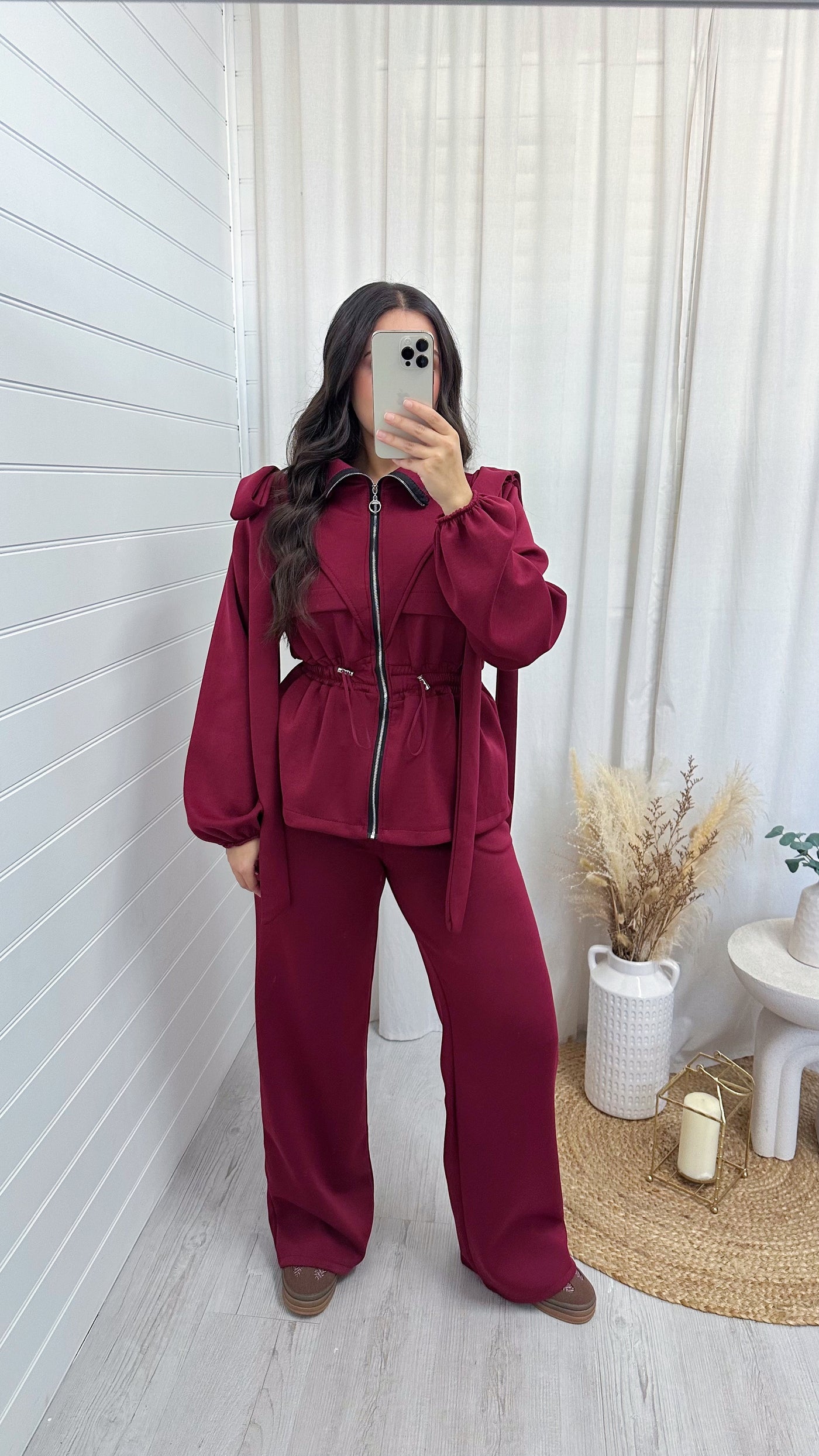 Bow Shoulder Cinched Jacket and Straight Leg Joggers Tracksuit - WINE
