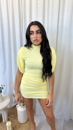 Ruched Shoulder Padded Mini Dress - LEMON