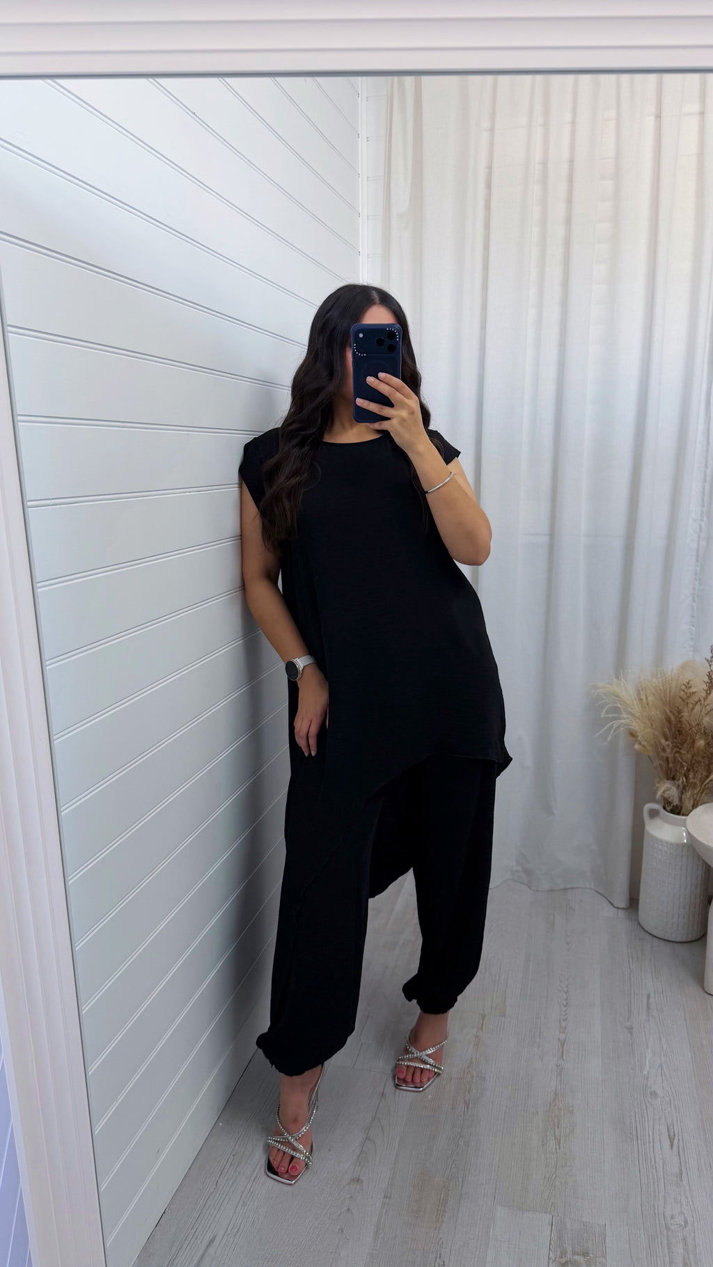 Draped Asymmetric Top and Cuff Trousers Co-Ord - BLACK