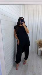 Draped Asymmetric Top and Cuff Trousers Co-Ord - BLACK