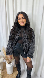 Balloon Sleeve Sequin Bomber Jacket - SILVER