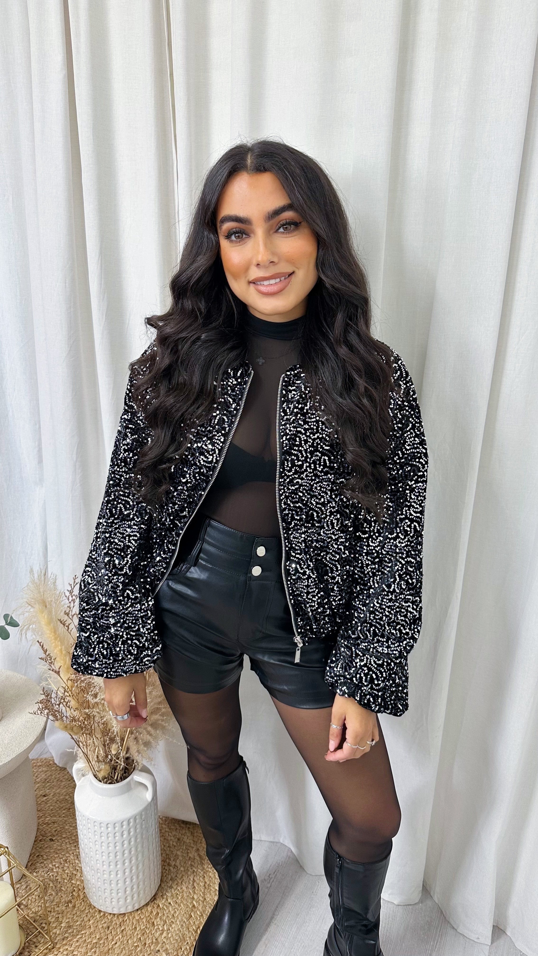 Balloon Sleeve Sequin Bomber Jacket - SILVER