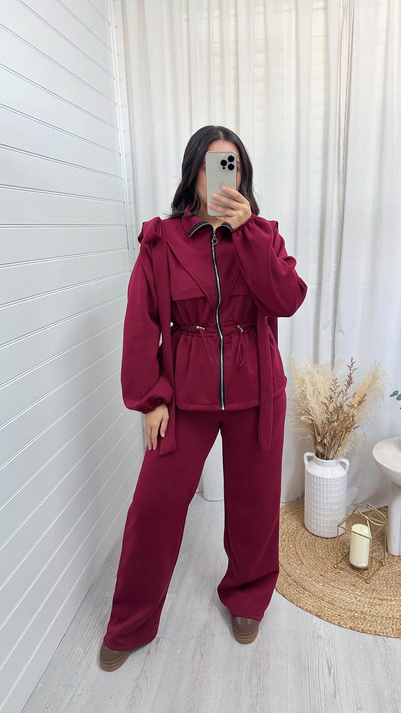 Bow Shoulder Cinched Jacket and Straight Leg Joggers Tracksuit - WINE