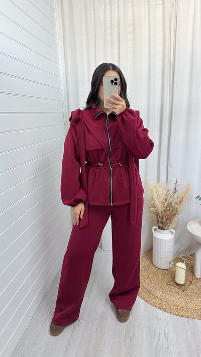 Bow Shoulder Cinched Jacket and Straight Leg Joggers Tracksuit - WINE
