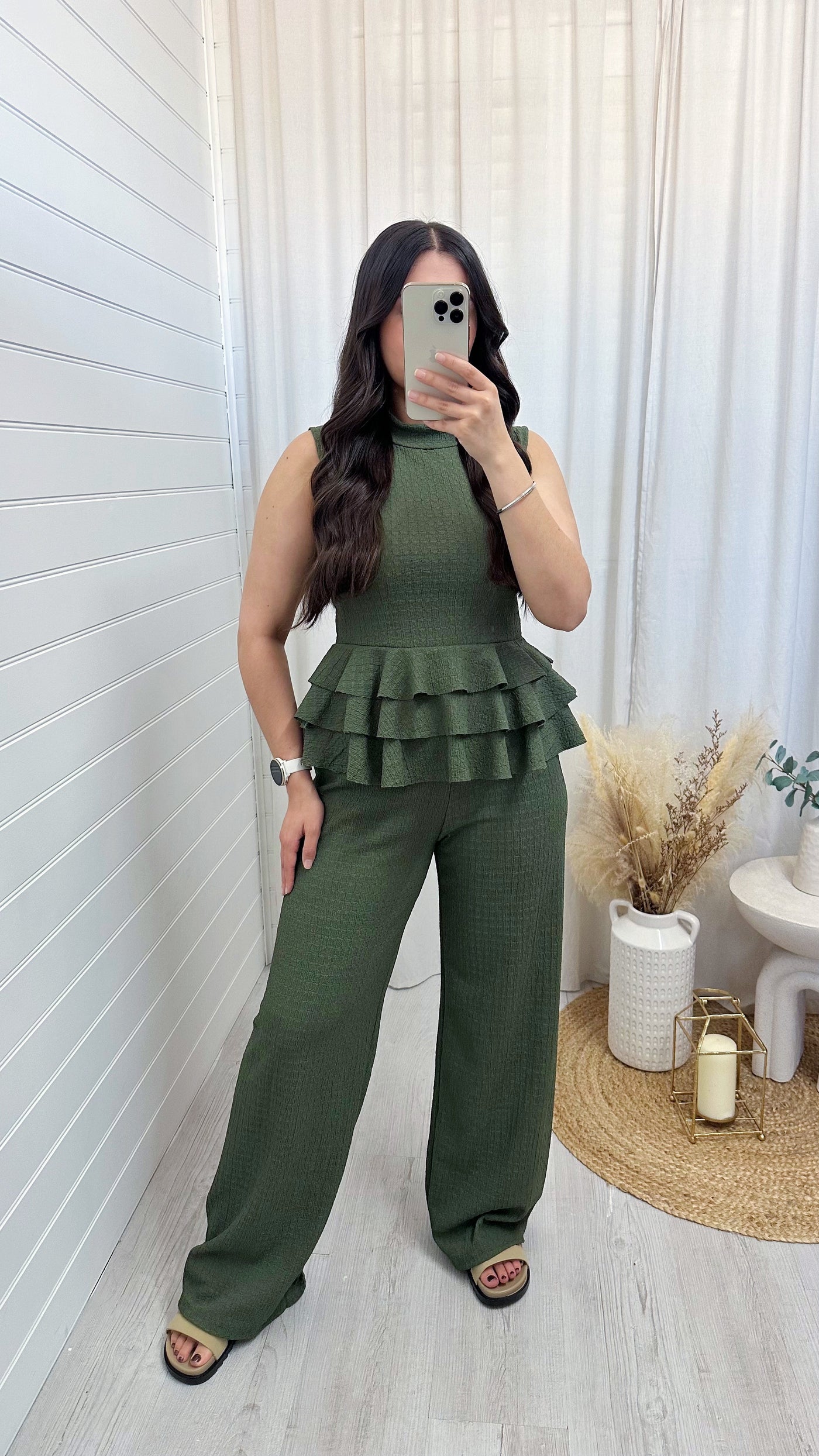 Peplum Frill Tiered Vest Top and Trousers Co-Ord - KHAKI