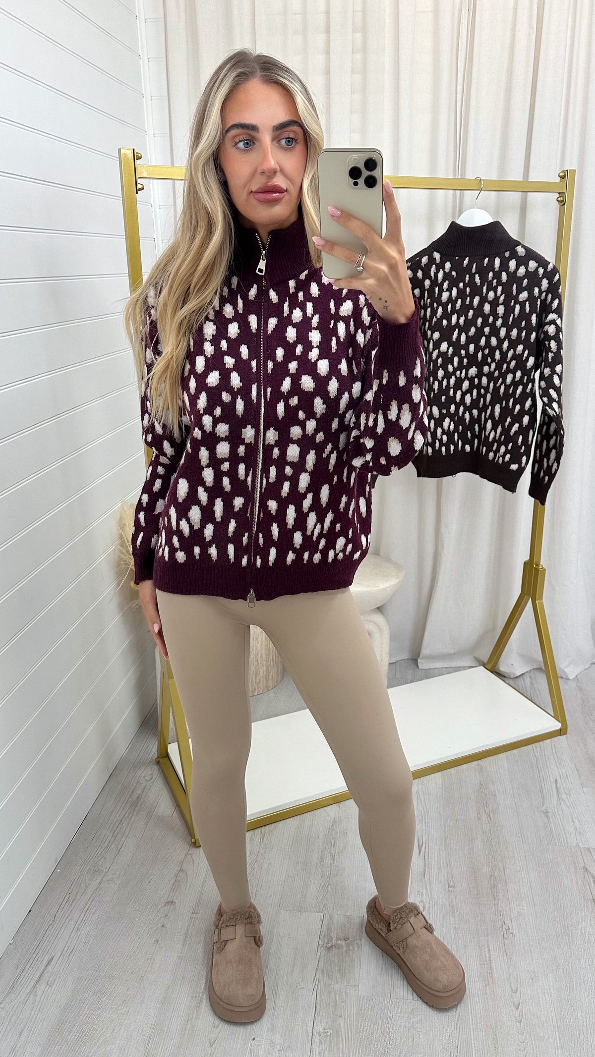 Deer Print Knitted Jacket - BURGUNDY