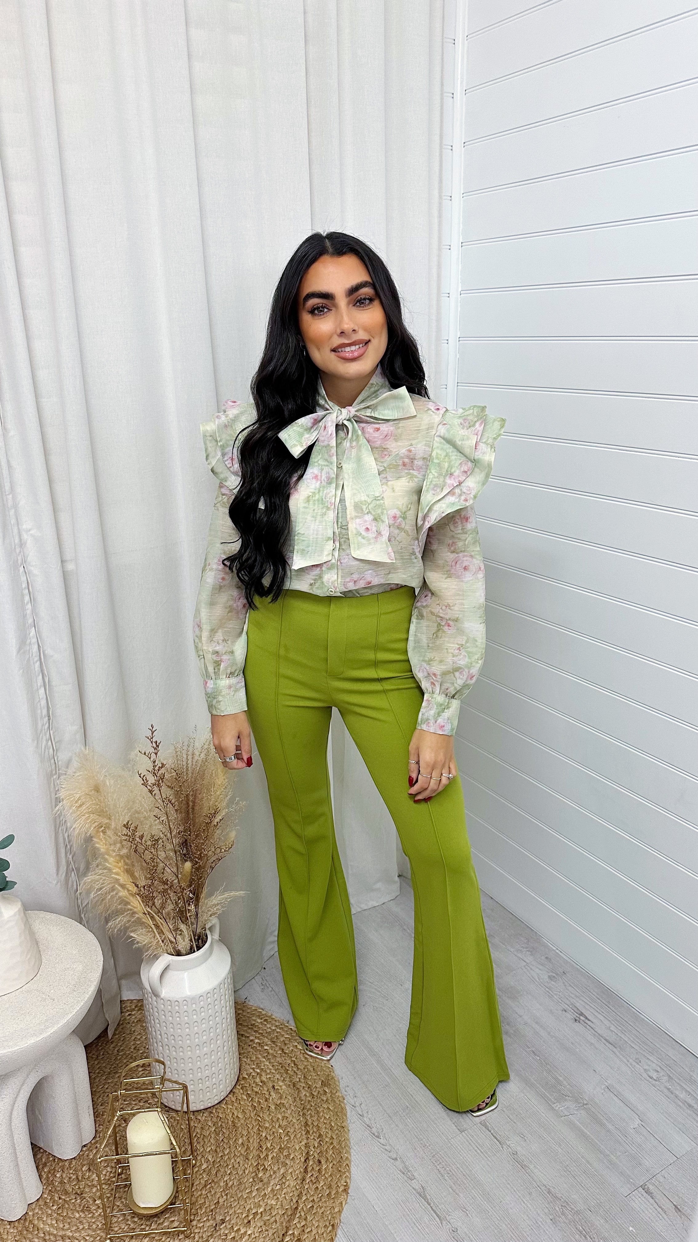 Seam Front Flared Slim Fit Trousers - OLIVE