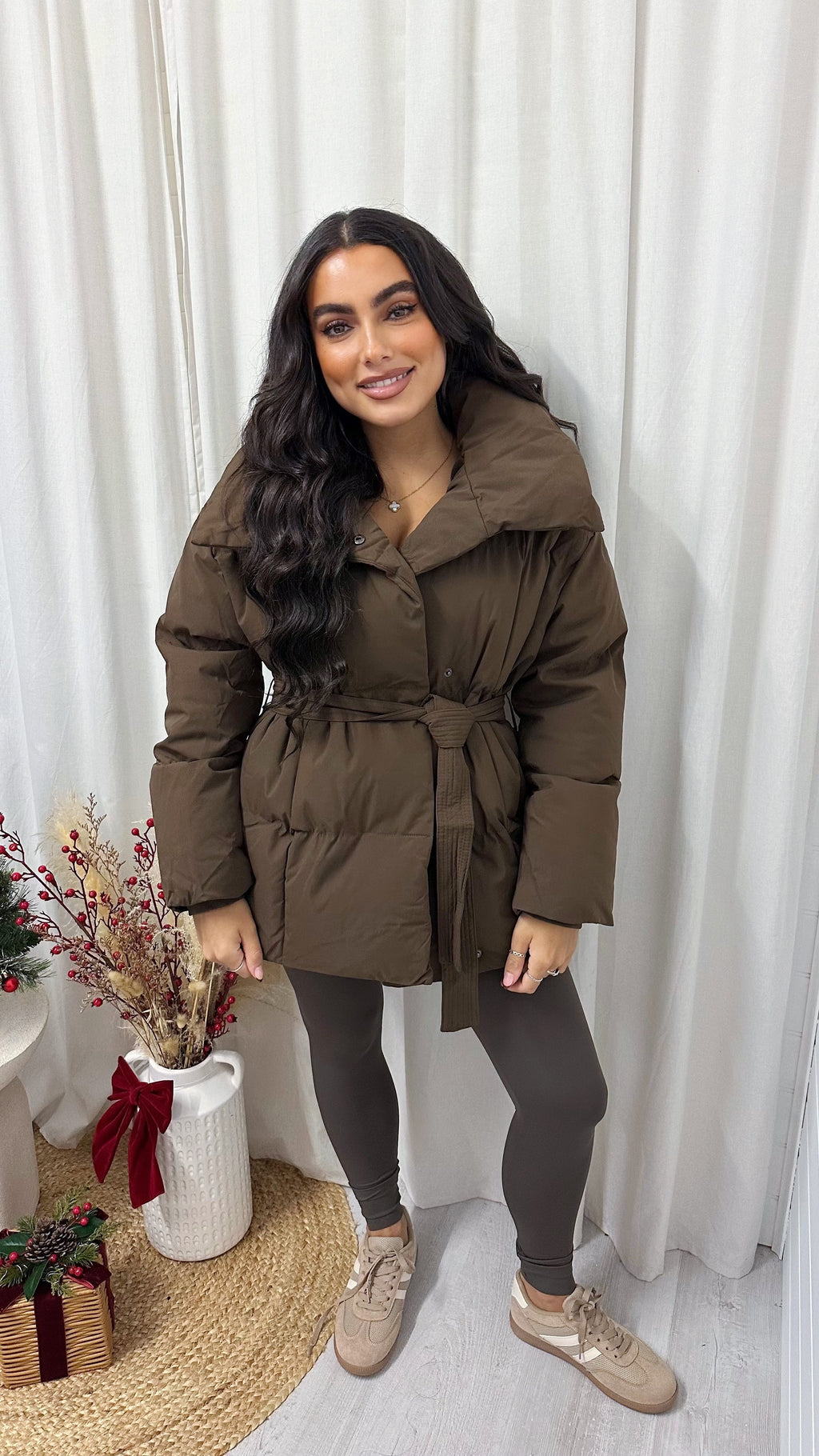 Belted Chunky Puffer Coat - BROWN