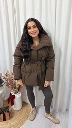 Belted Chunky Puffer Coat - BROWN
