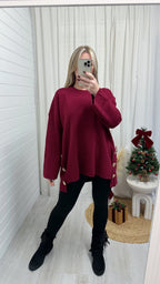 Fine Knitted Gold Button Oversized Jumper - WINE