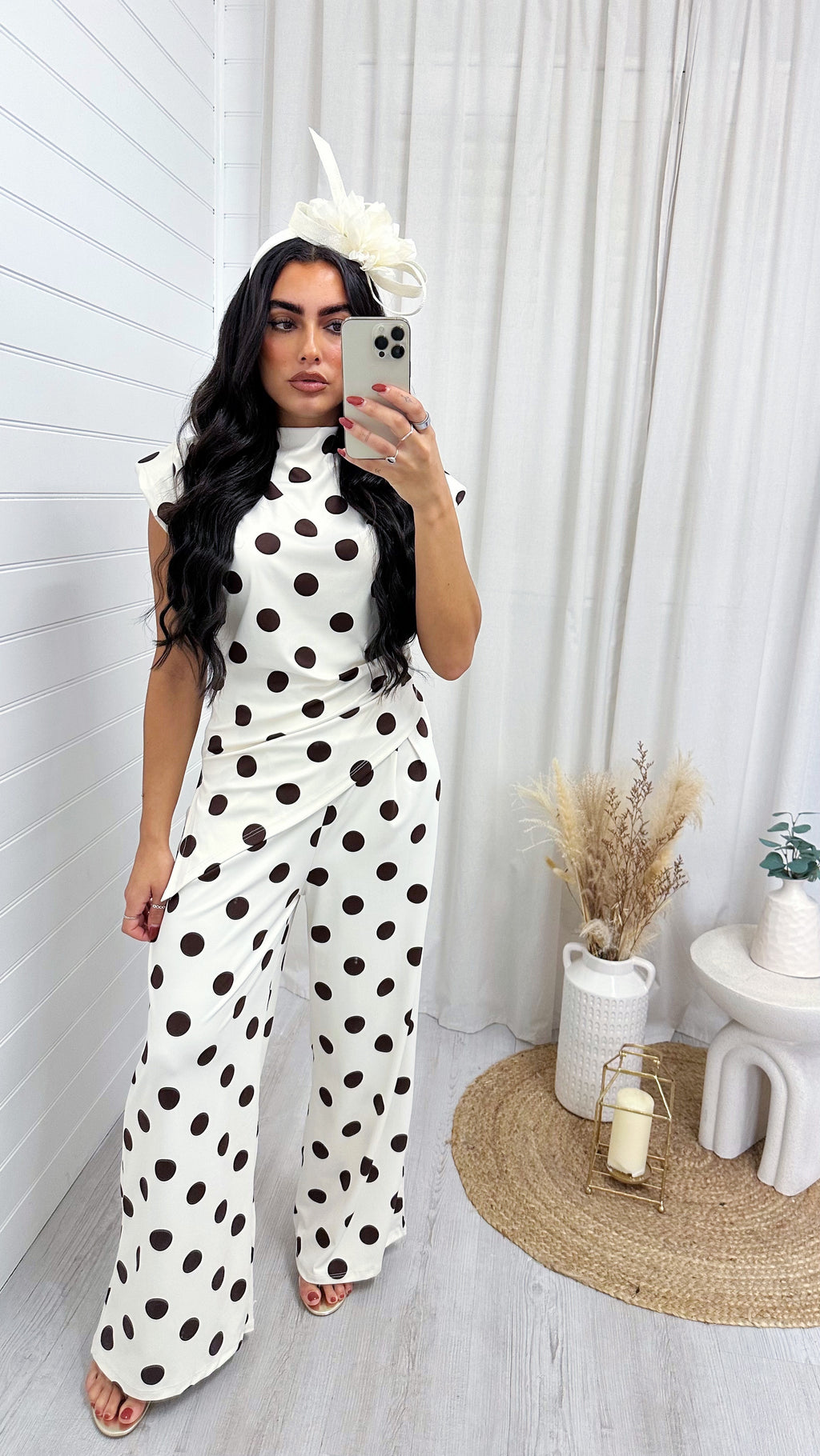 Asymmetric Polka Dot Ruched Top and Trousers Co-Ord - CREAM