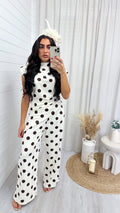 Asymmetric Polka Dot Ruched Top and Trousers Co-Ord - CREAM