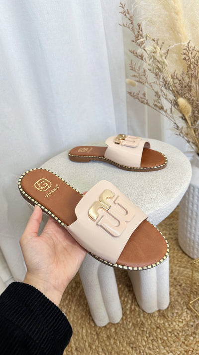 3D Letter Gold Studded Sandals - BEIGE