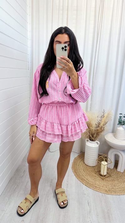 Neon Print Pinstripe Shirt and Frill Skort Co-Ord - PINK
