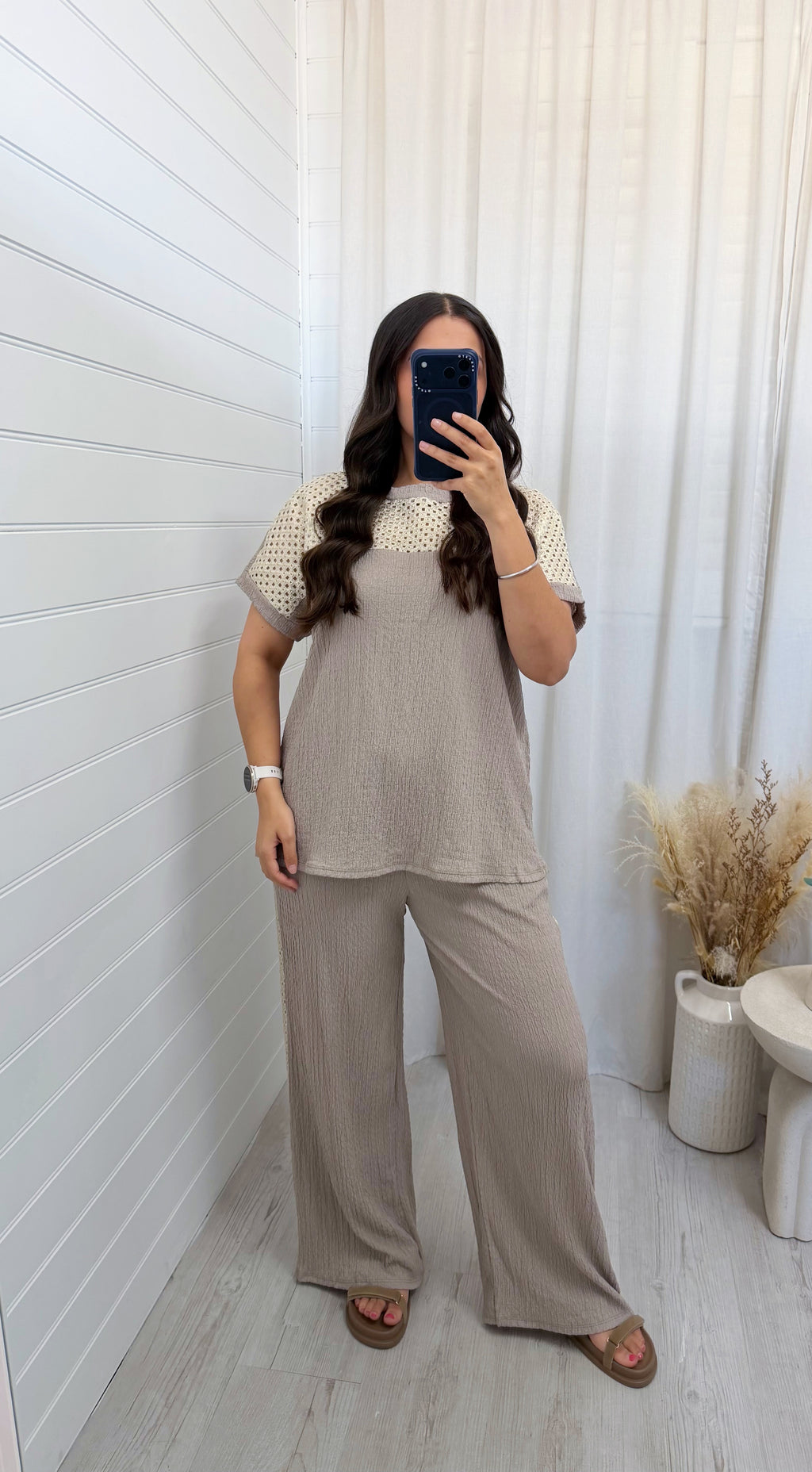 Metallic Mesh T-Shirt and Trouser Co-Ord - DOVE GREY