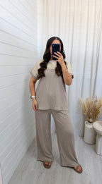 Metallic Mesh T-Shirt and Trouser Co-Ord - DOVE GREY