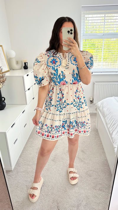 Puff Sleeve Patterned Dress - BLUE