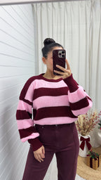 Cropped Stripey Knit Jumper - PINK/BURGUNDY