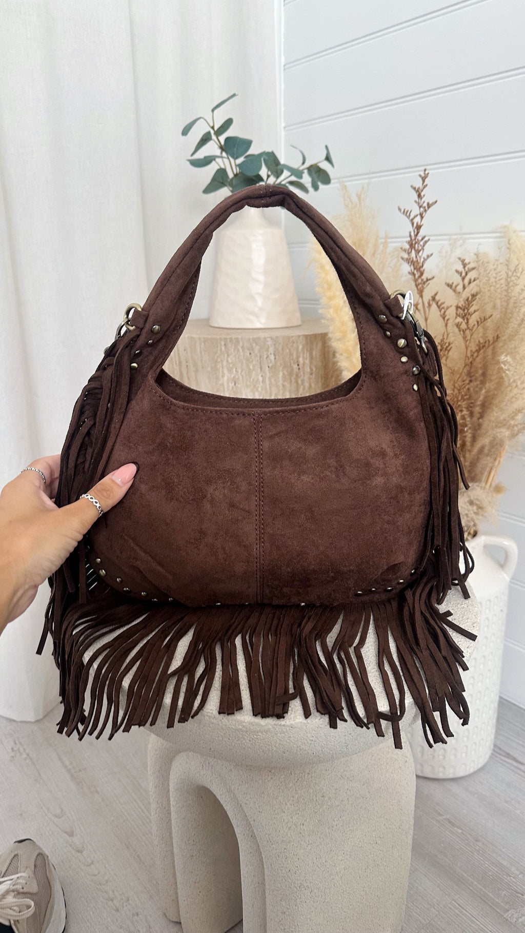 Suede Fringe Bag - BROWN