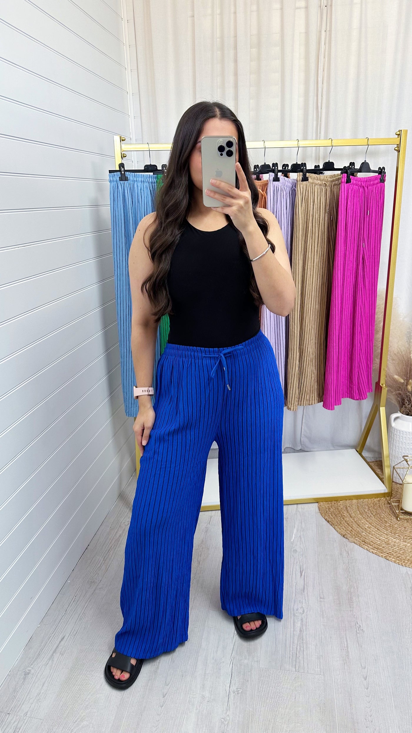 Pinstripe Stretchy Wide Leg Trousers - ROYAL BLUE