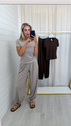 Fine Rib T-Shirt and Balloon Trousers Co-Ord - MOCHA