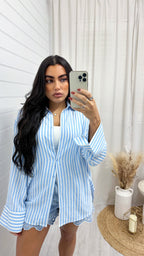 Pinstripe Oversized Cotton Shirt - BLUE