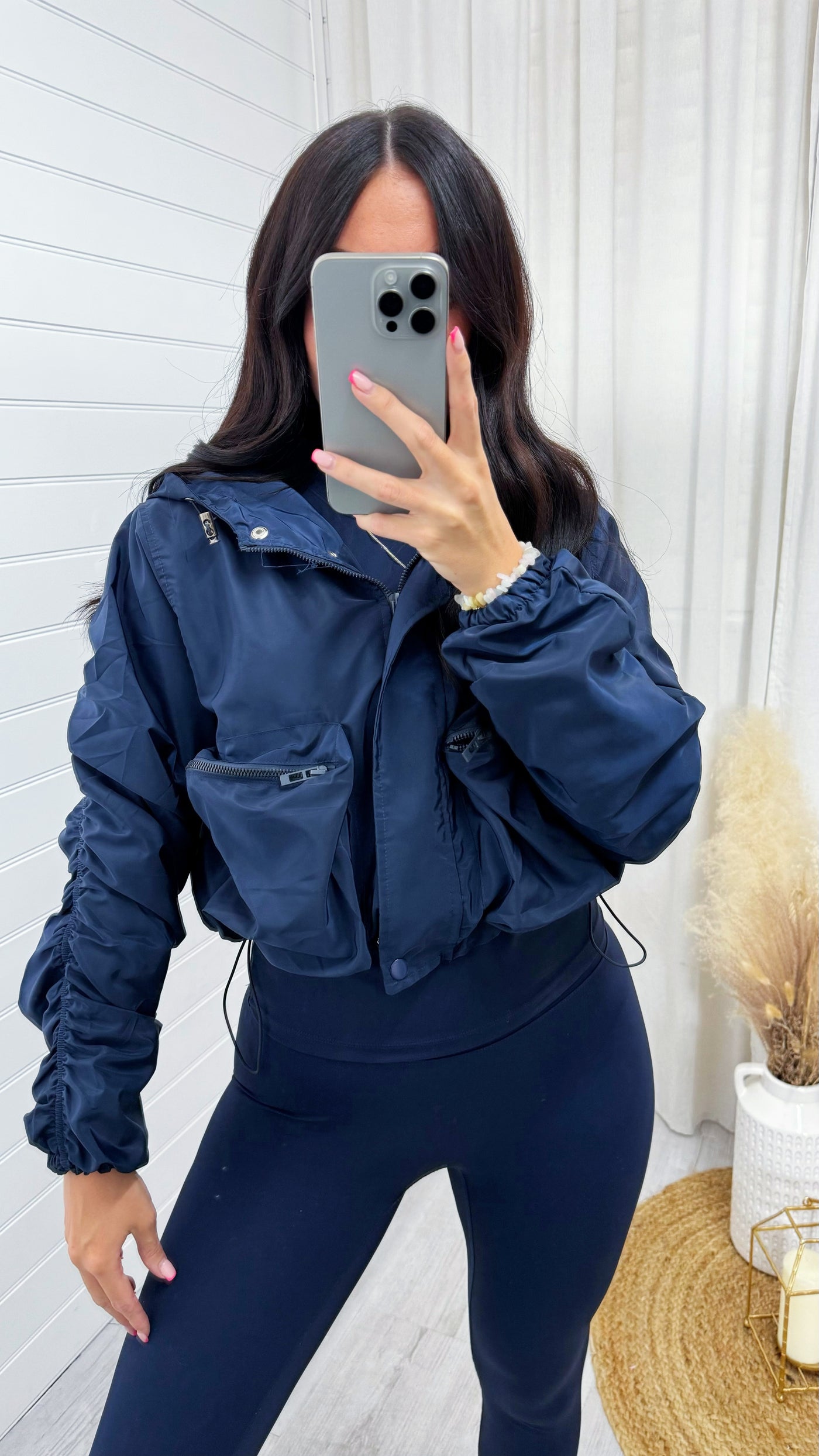 Ruched Sleeve Windbreaker Jacket - NAVY