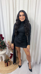 Ruched Front Dress with Sash - BLACK