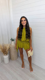 Side Drape Crinkle Playsuit - OLIVE