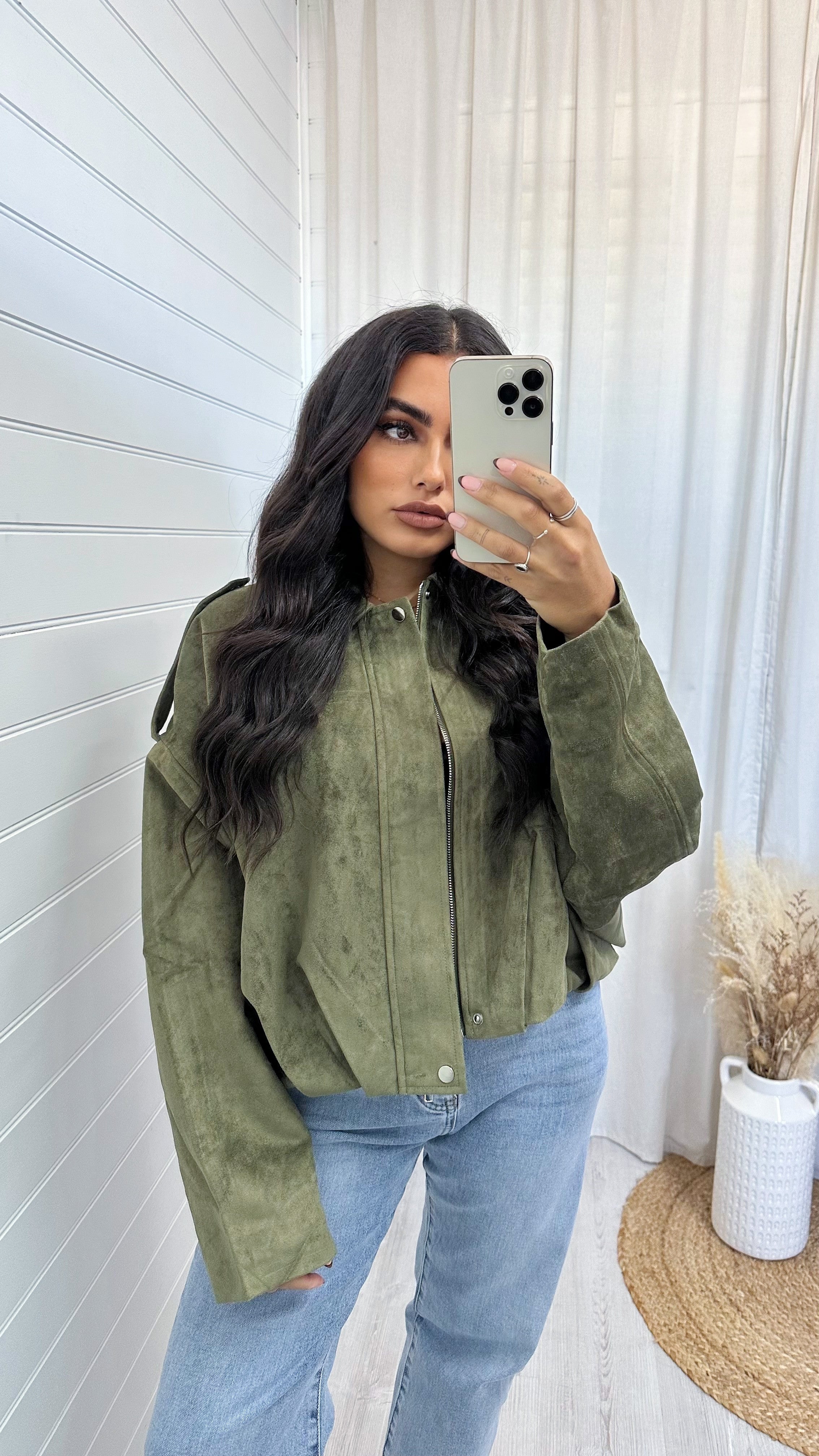 Suede Baggy Sleeve Lapel Bomber Jacket - KHAKI