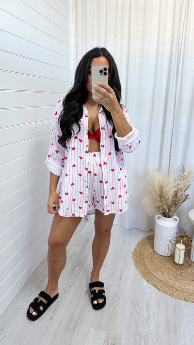 Love Heart Cheesecloth Shirt and Shorts Co-Ord - PINK