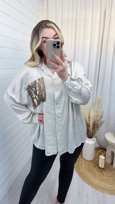 Satin Sequin Pocket Shirt -  CREAM