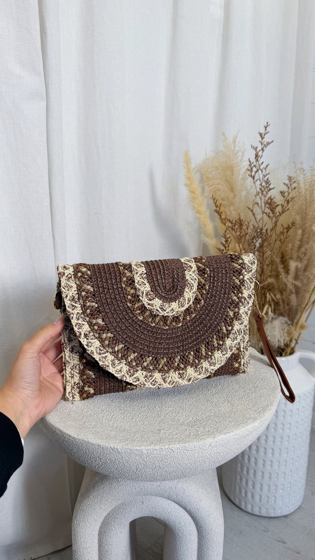 Crochet Arch Pattern Boho Clutch Bag - LIGHT BROWN