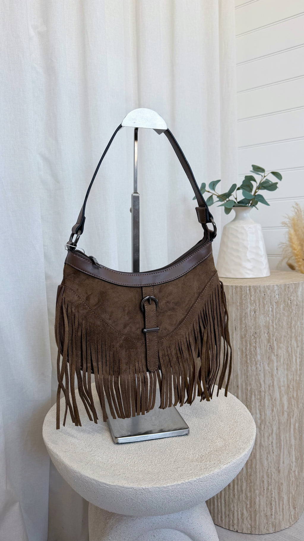 Suede Fringe Shoulder Bag - TAUPE
