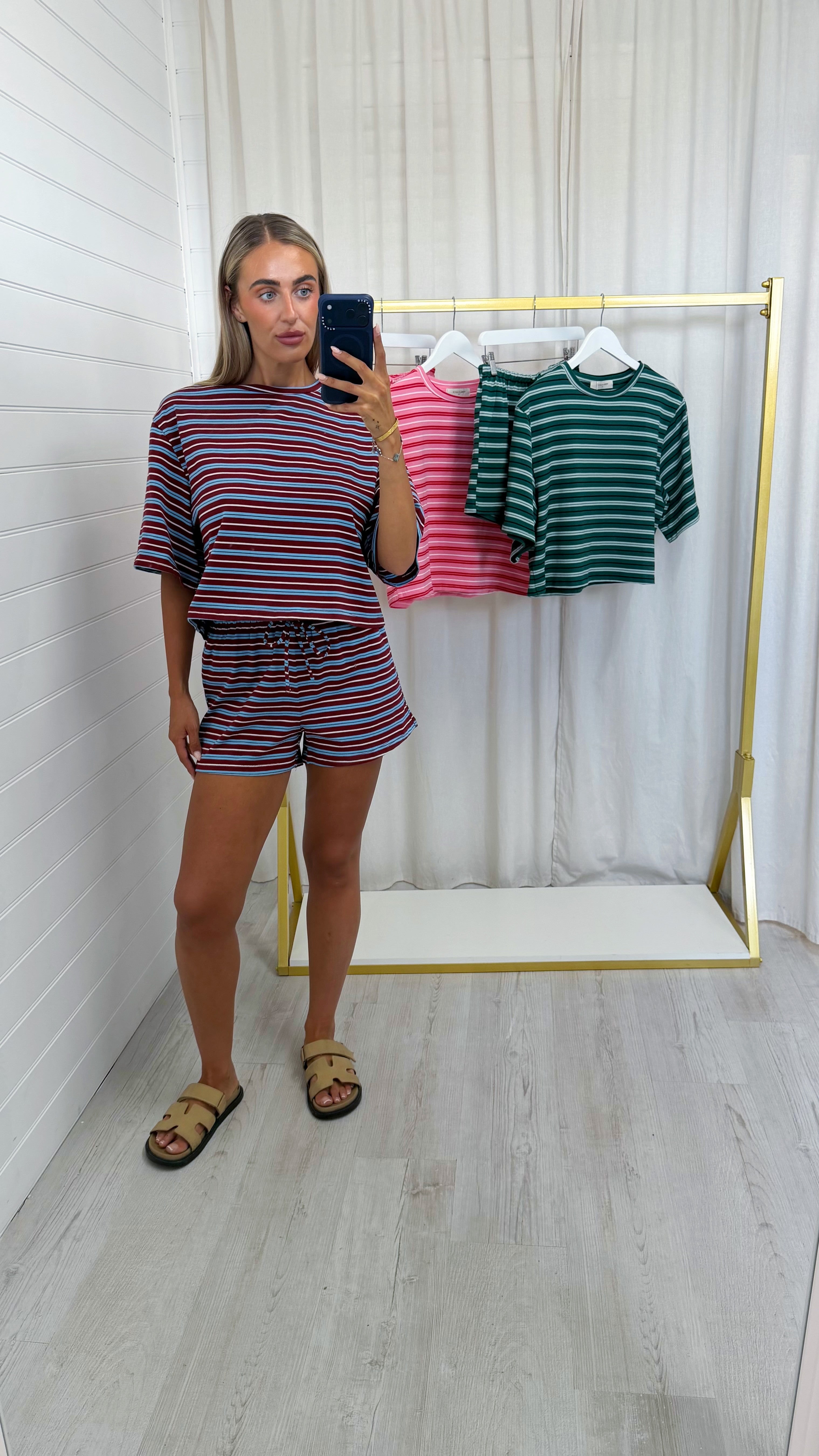 Stripey Cotton Crop Top and Shorts Co-Ord - BURGUNDY