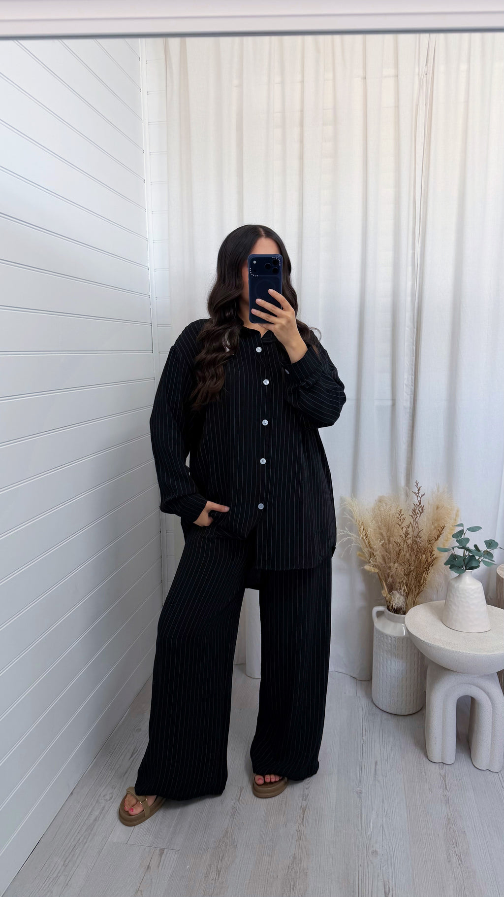 Oversized Pinstripe Shirt and Trousers Co-Ord - BLACK