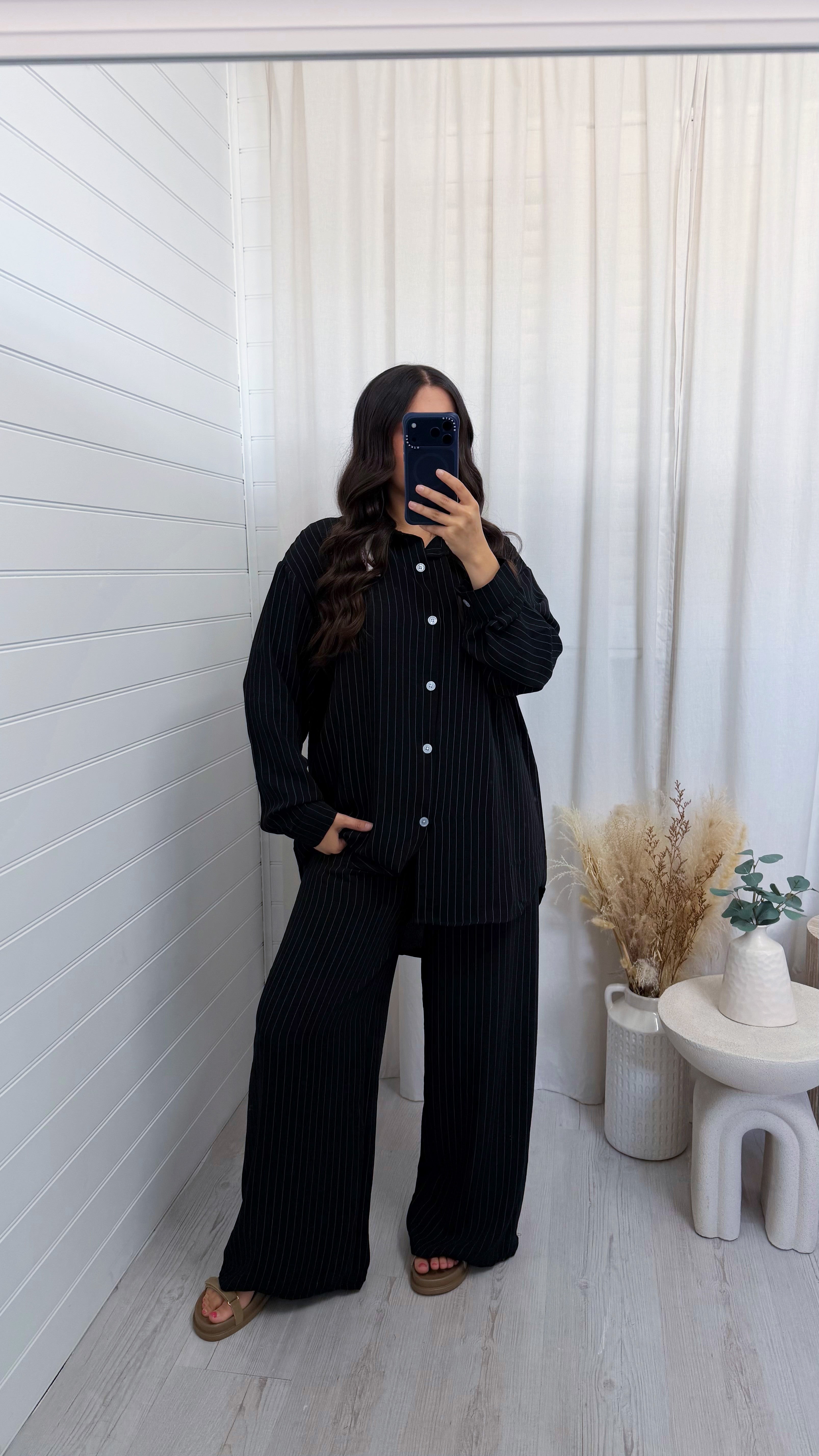 Oversized Pinstripe Shirt and Trousers Co-Ord - BLACK