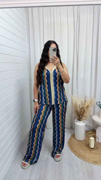 Zig Zag Strappy Vest Top and Wide Leg Trousers Co-Ord - BLUE
