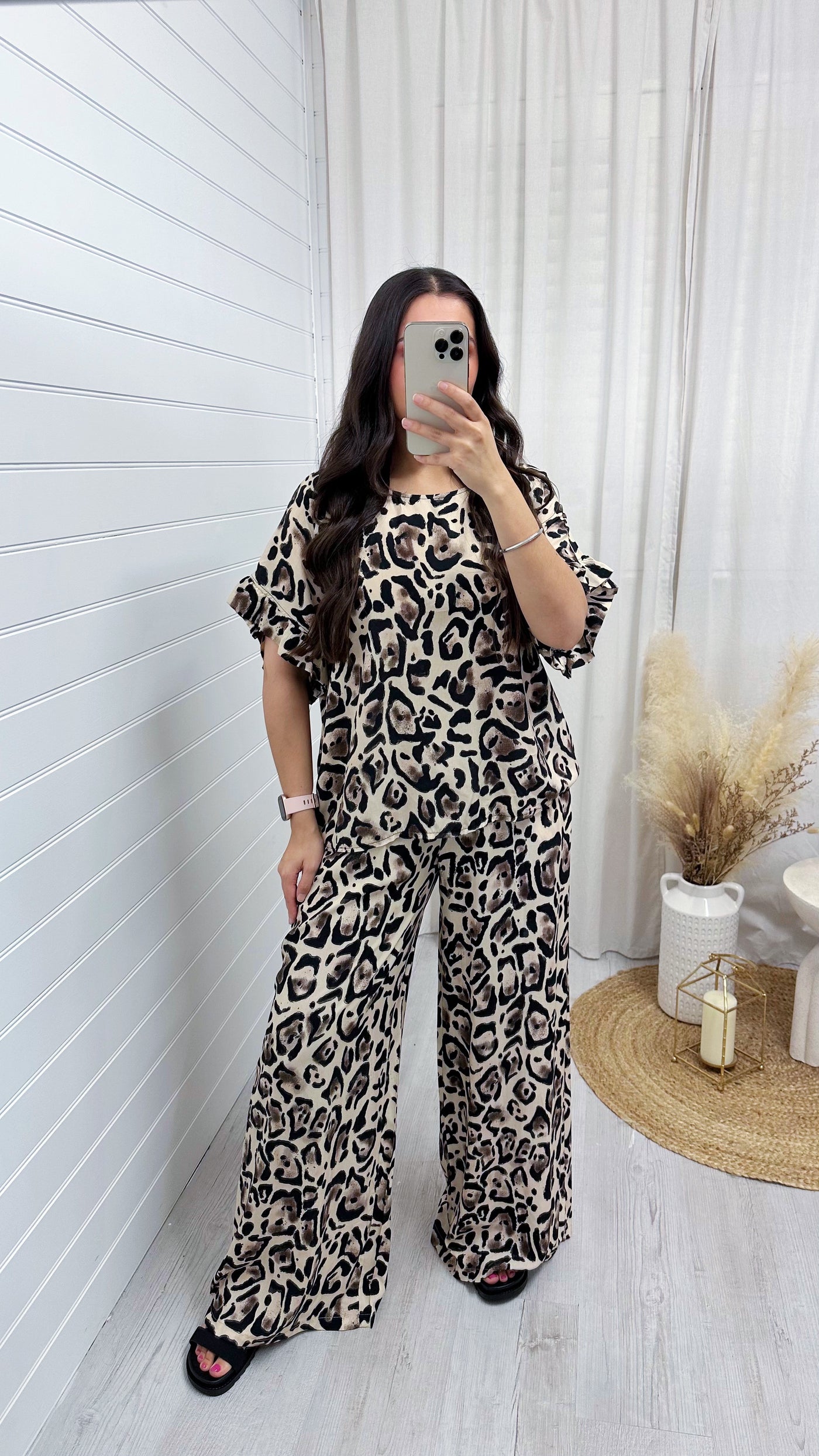 Leopard Print Top and Wide Leg Trousers - LIGHT BEIGE