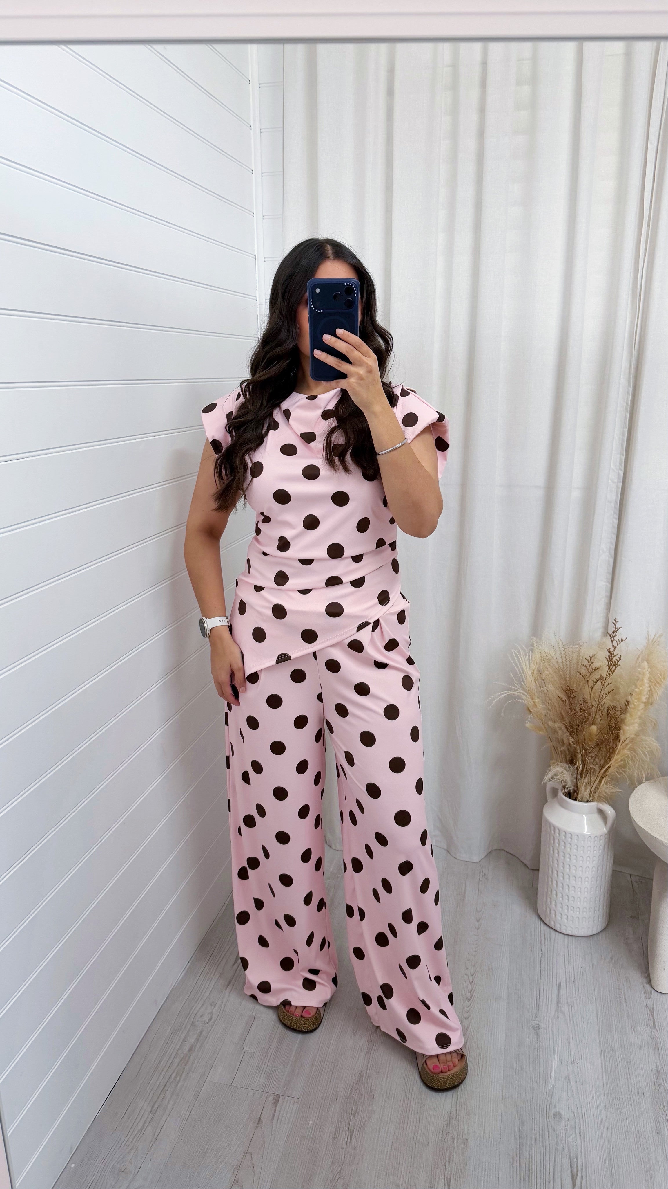 Asymmetric Polka Dot Ruched Top and Trousers Co-Ord - PINK/BROWN