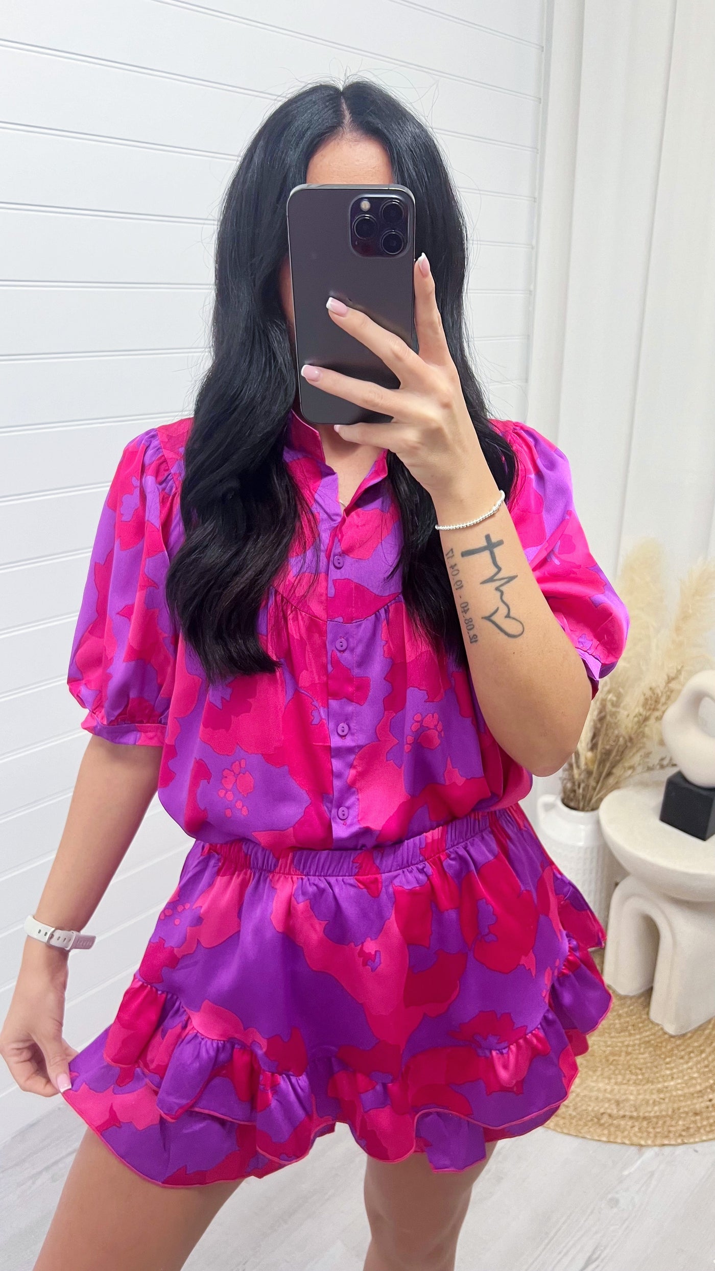 Puff Sleeve Blouse and Frill Hem Shorts Co-Ord - PURPLE/PINK