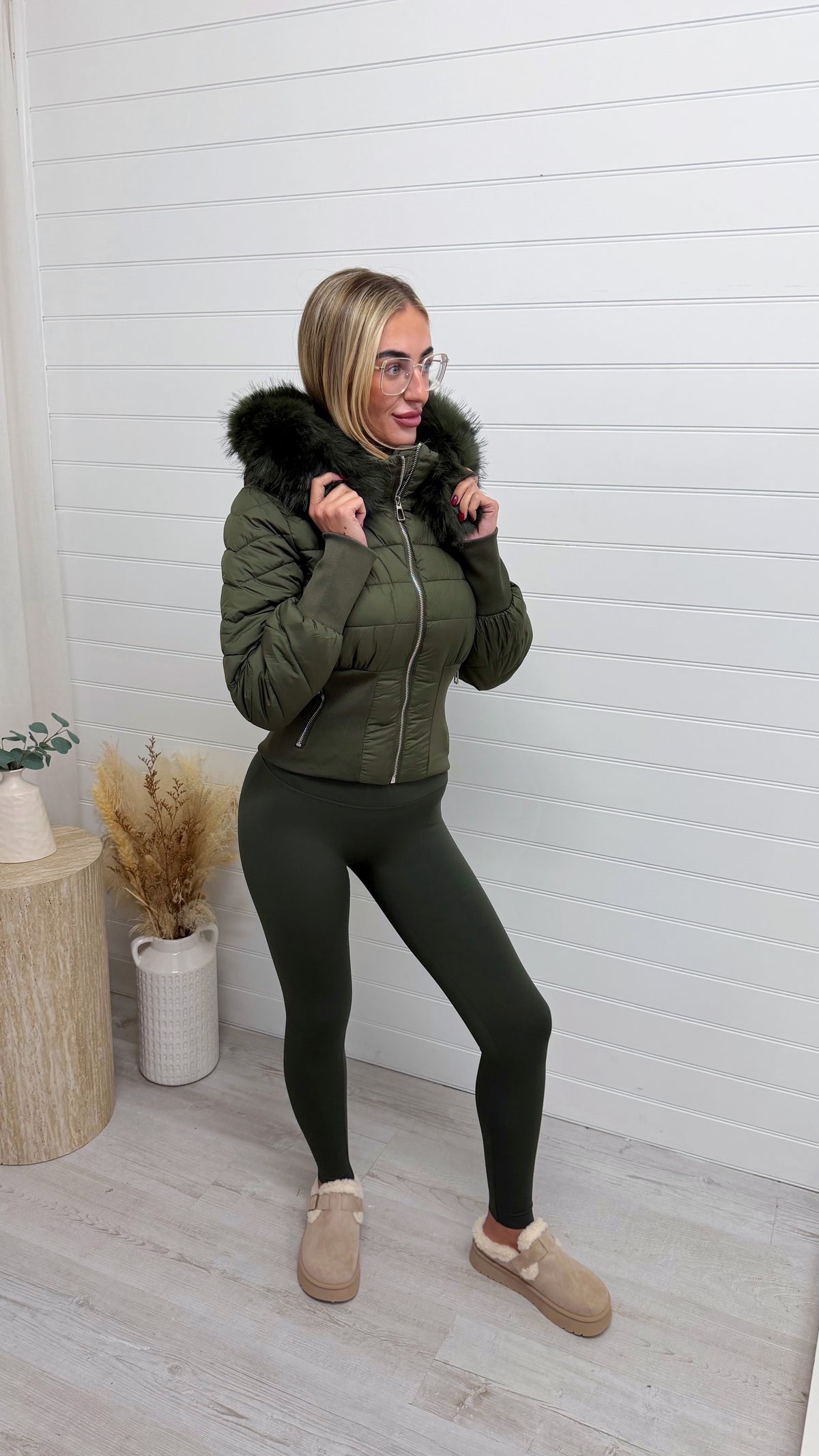 Fur Hooded Cinched Coat - KHAKI