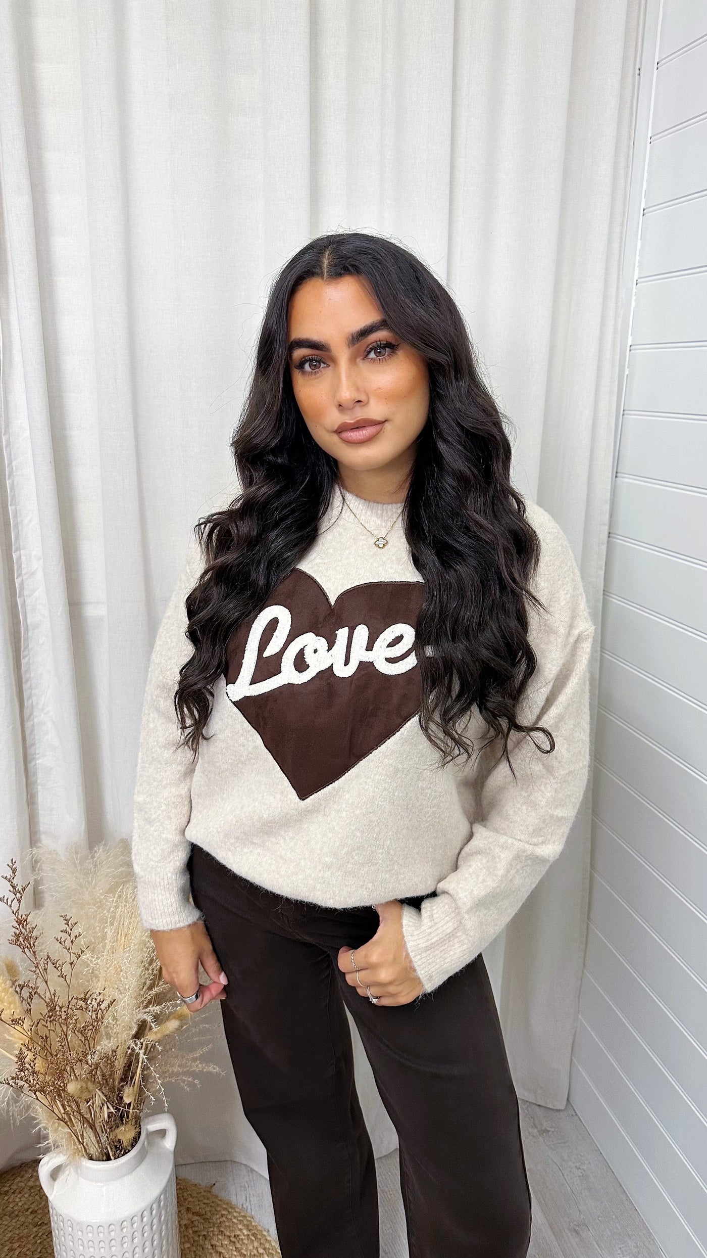 Embroidered Love Heart Knitted Jumper - BROWN