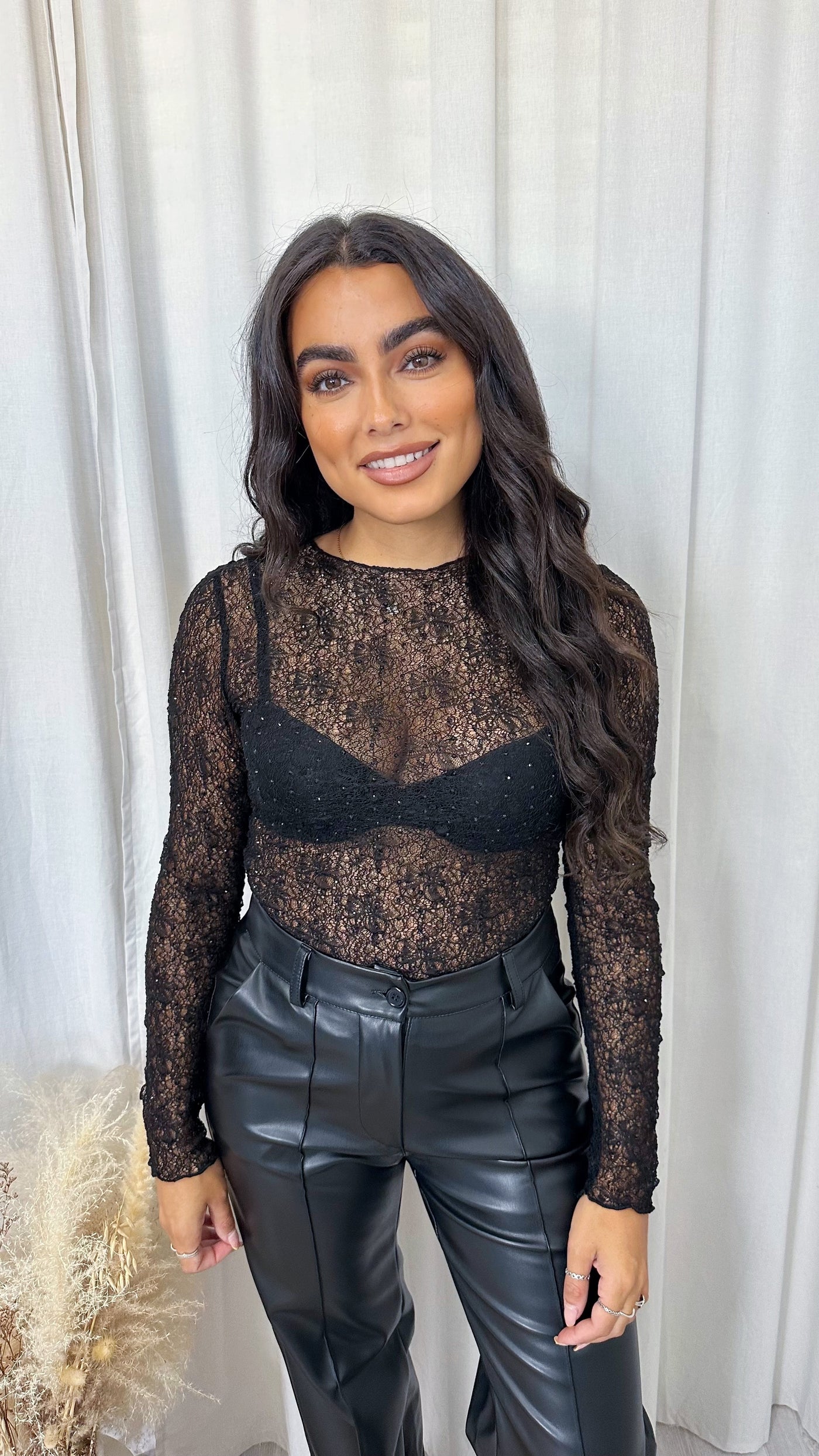 Rhinestone Lace Long Sleeve Top - BLACK