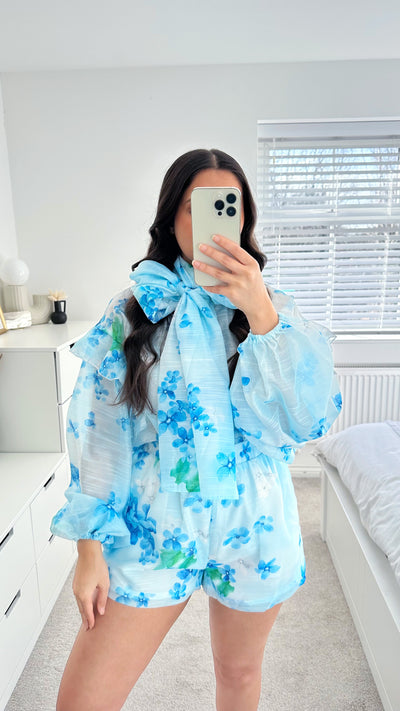 Floral Bow Blouse and Shorts Co-Ord - BLUE