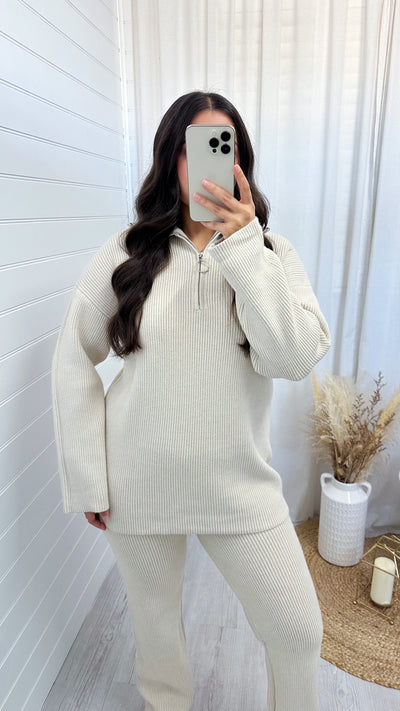 Chunky Knitted Quarter Zip Top and Trousers Co-Ord - CREAM