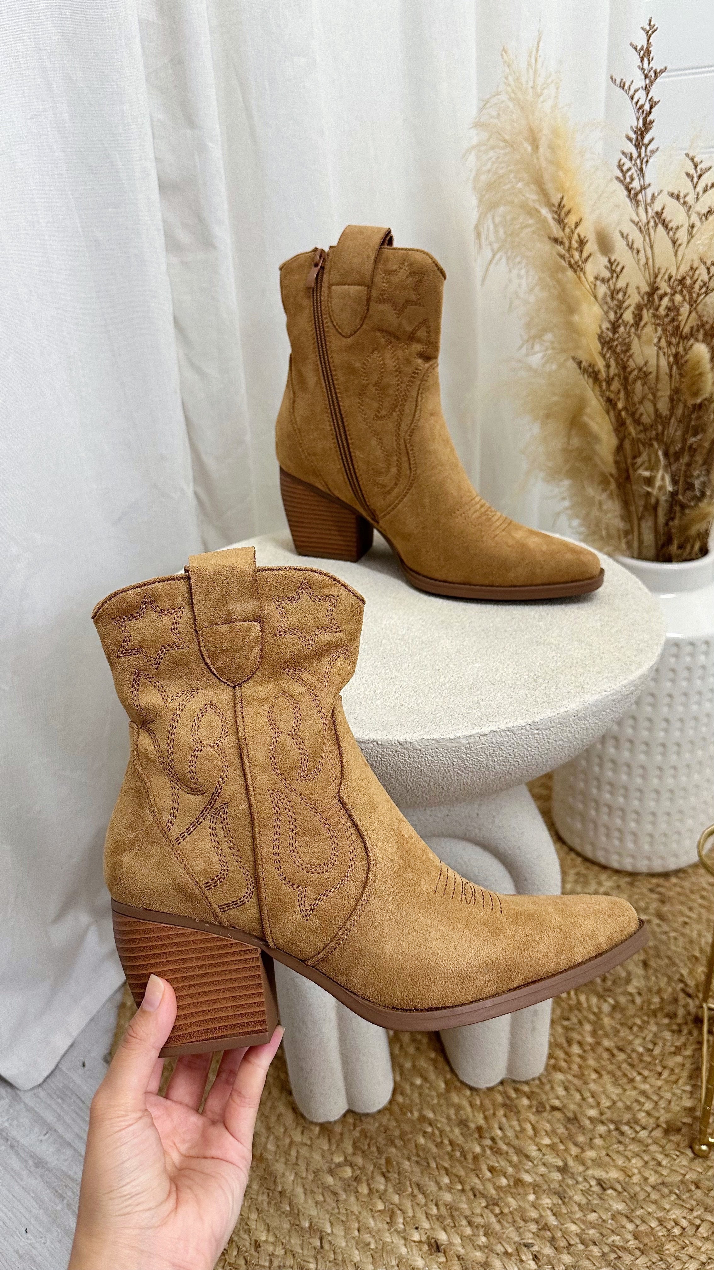 Embroidered Suede Ankle Length Cowboy Boots - TAN