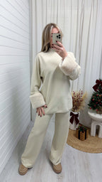 Fur Cuff Knitted Top and Trousers Co-Ord - CREAM